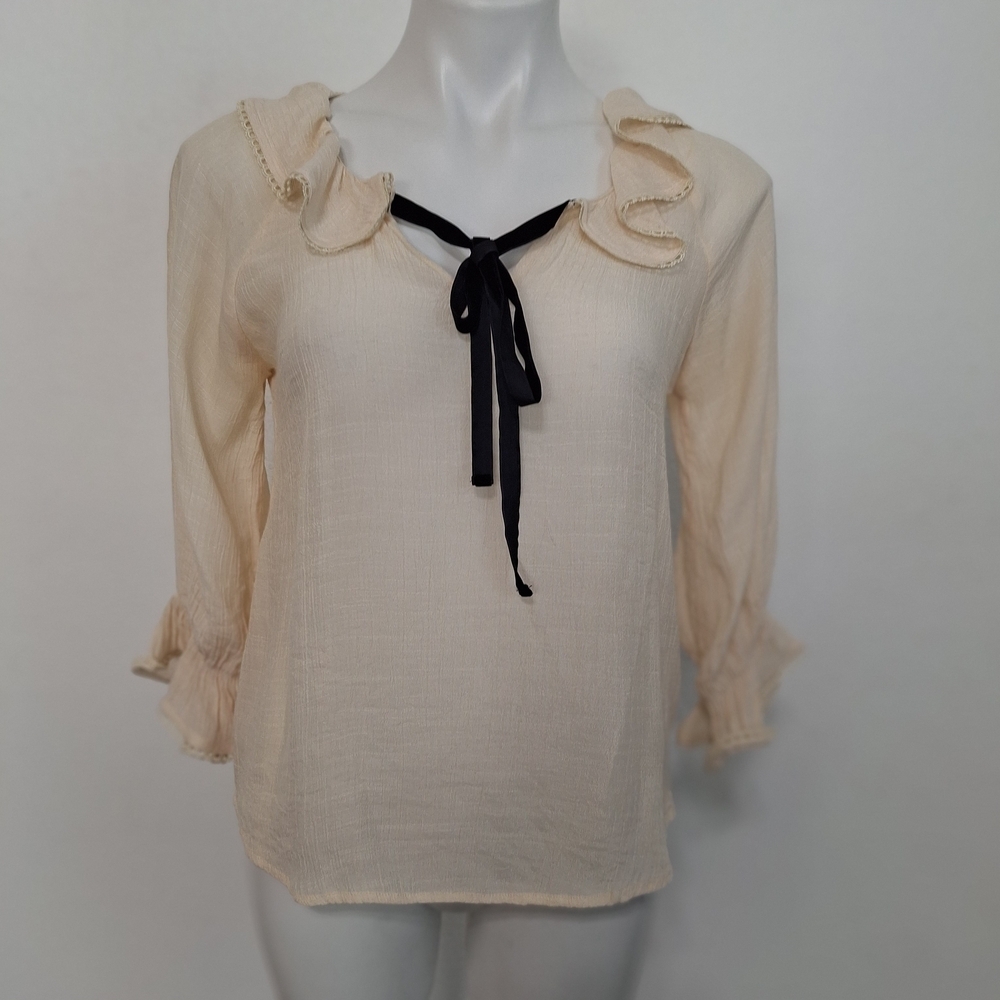 E & M Beige Black Coquette Old Money Ruffle Tie Neck 3/4 Sleeve Blouse Size S